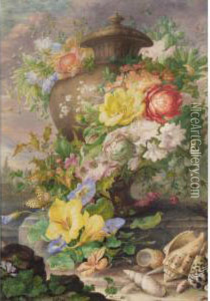 An Urn, Garlanded With Flowers, On A Terrace, With Shells In The Foreground Oil Painting - Herman Henstenburgh