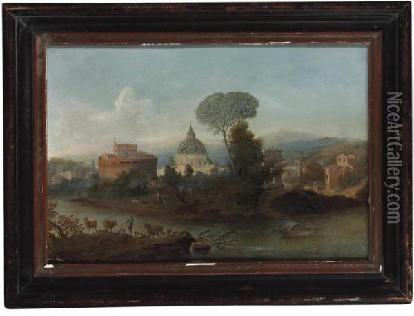 A Capriccio View Of The Tiber, Rome Oil Painting - Hendrik Frans Van Lint
