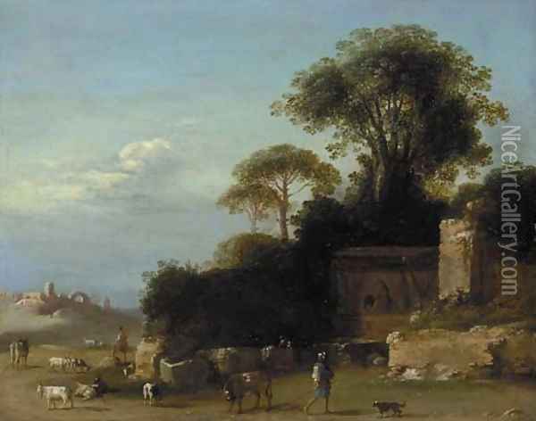 An Italianate landscape with goatherds amongst ruins Oil Painting - Bartholomeus Breenbergh