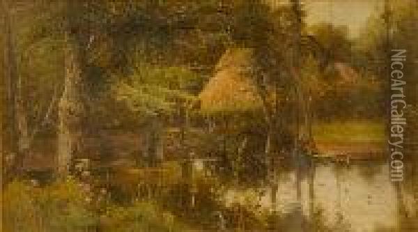 Wooded River Scene With Thatched Buildings Beyond Oil Painting - Theodore Hines