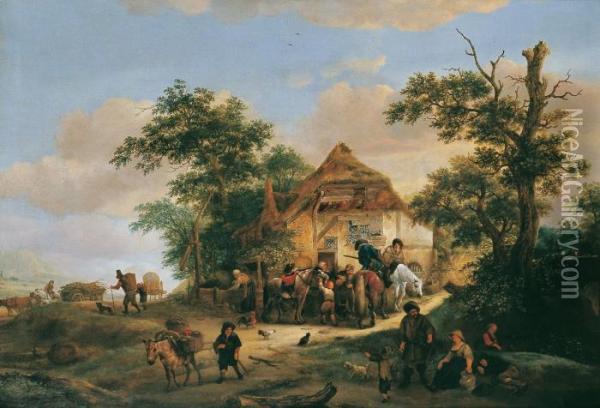 Bauern Vor Dem Wirtshaus. Oil Painting - Isaack Jansz. van Ostade