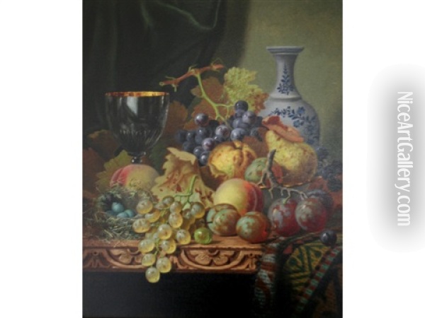 Still Life Of Fruits, A Bird's Nest And A Goblet Upon A Draped Table Oil Painting - Henry George Todd
