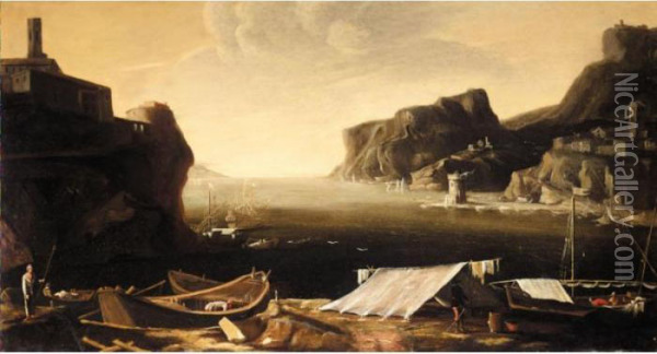 A Coastal Landscape With Fishermen On The Shore, A Hilltop Fort Beyond Oil Painting - Agostino Tassi
