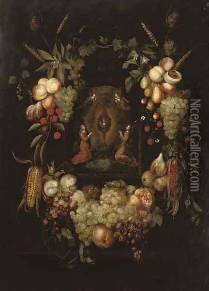 A garland of fruits surrounding a niche with angels worshipping the monstrance Oil Painting - Frans Ykens