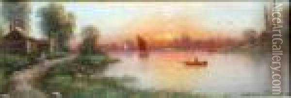 A River Scene At Sunset Oil Painting - Nils Hans Christiansen