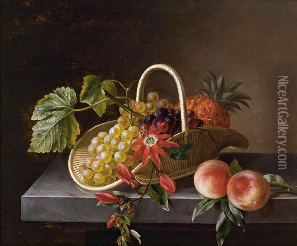 Still Life Of Fruit And Flowers In A Basket And Peaches All Resting On A Marble Ledge Oil Painting - Johanna, Hanna Hellesen