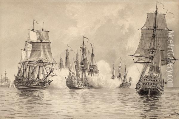 (the Convoy Ship Oland Battling The English Squadron Off The English Coast July 1704 Oil Painting - Jakob Hagg