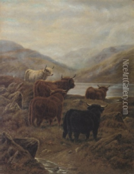 Cattle In A Highland Landscape Oil Painting - Robert F. Watson