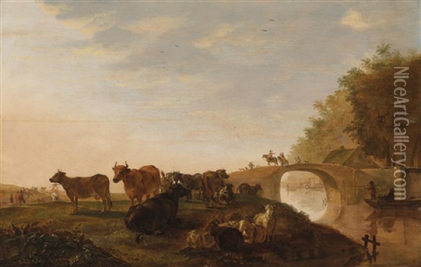 Lagerndes Vieh An Einer Brucke Uber Einen Kanal Oil Painting - Jacob Gerritsz van Bemmel