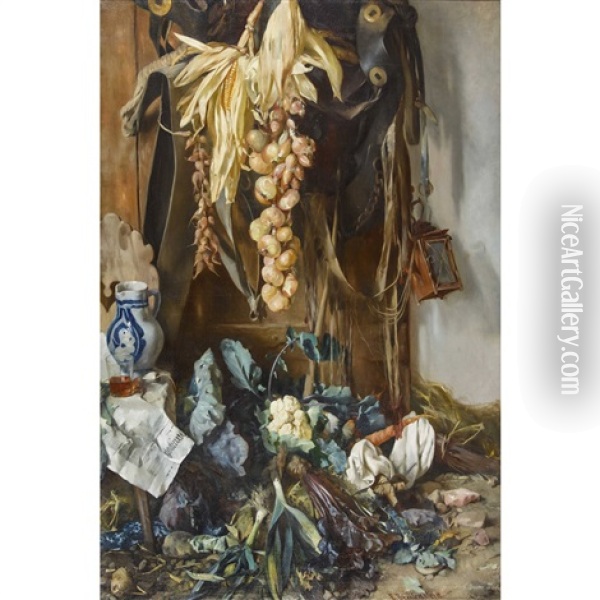 Stillleben Mit Gemuse, Laterne Und Zeitung Oil Painting - Ernst Breitenstein