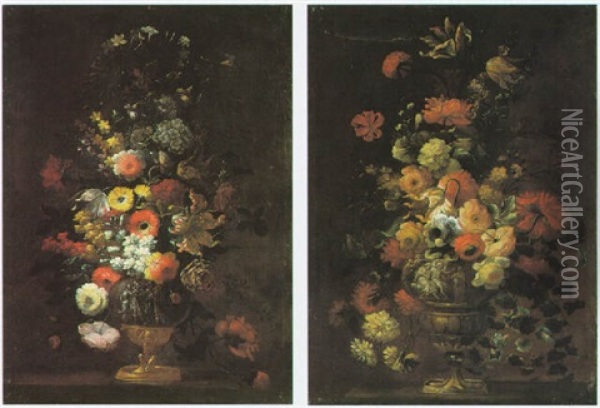 Still Life Of Flowers In Urns Decorated With Roman Soldiers Oil Painting - Andrea Belvedere