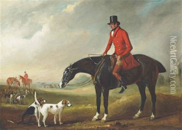 Portrait Of A Gentleman, Traditionally Identified As Thomas B. Hodgson, Master Of The Holderness Hunt On His Horse Comical Oil Painting - John Ferneley Jr.