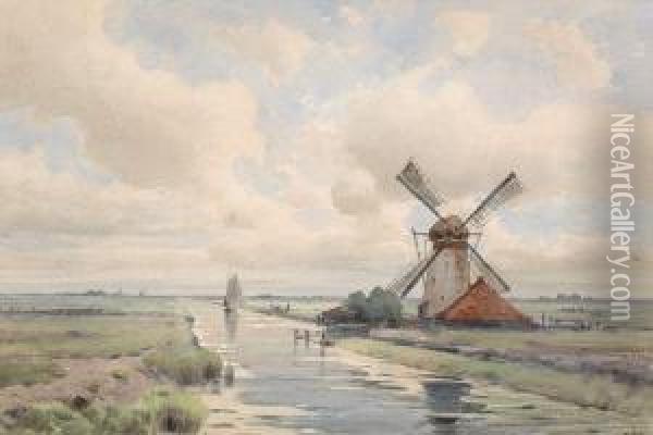 Dutch Landscape With A Mill Oil Painting - Auguste Louis Veillon