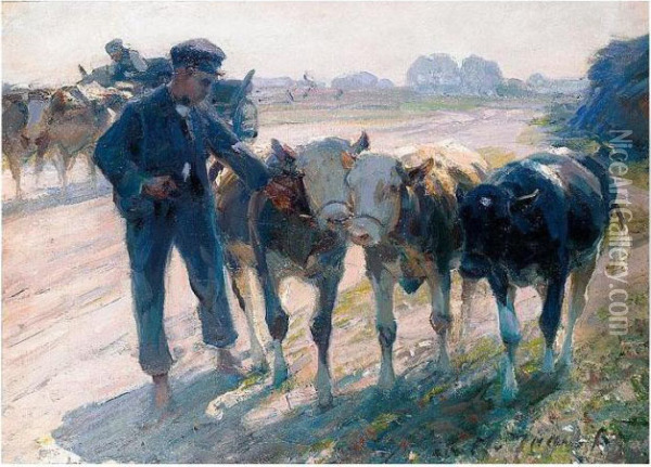 Bauer Und Drei Kalber (farmer Leading His Calves) Oil Painting - Heinrich Johann Von Zugel