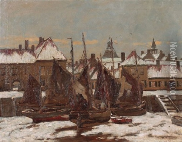 Winter Im Hafen Einer Alten Fischerstadt Oil Painting - Wilhelm Hambuechen
