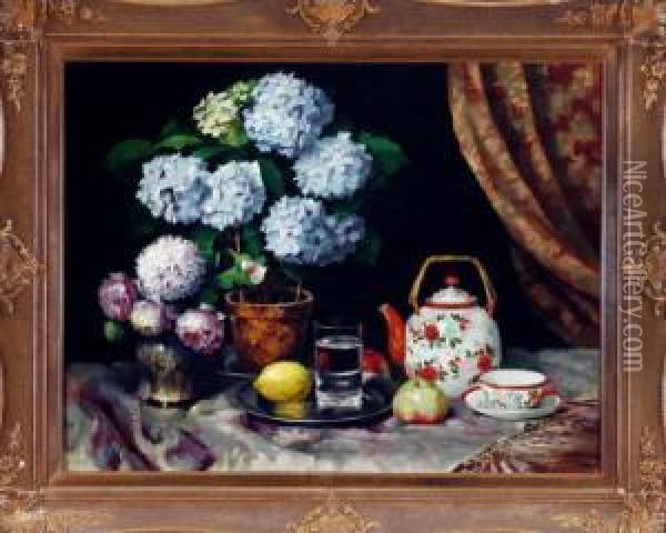 Stilleben Mit Blumen, Obst Und Geschirr Oil Painting - Wenzel Hermann Wendlberger