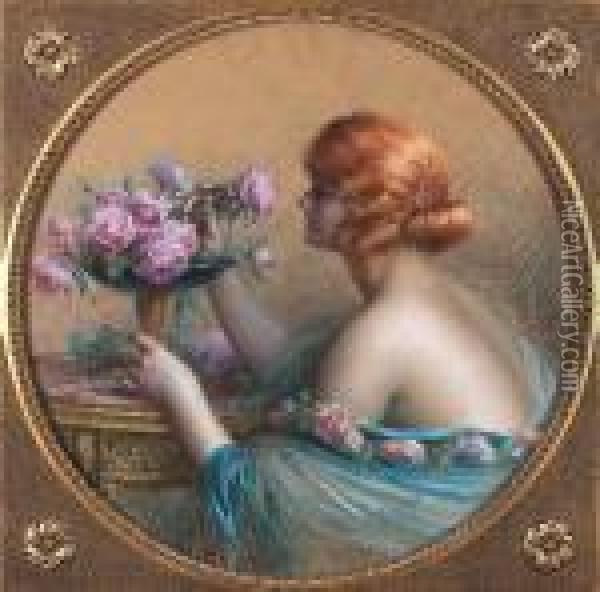 Jeune Femme Arrangeant Les Roses Oil Painting - Delphin Enjolras