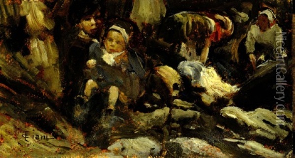 Lavandaie Con Bambino Oil Painting - Cesare Ciani