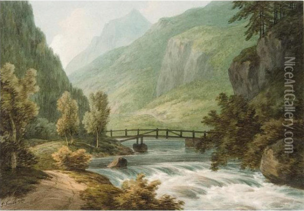 A Footbridge Over A River In The Swiss Mountains Oil Painting - John Warwick Smith
