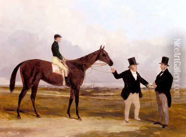 Mr. Martinson's Nancy With Job Marson, Jr. Up And The Trainer Job Marson, Sr. Oil Painting - Harry Hall