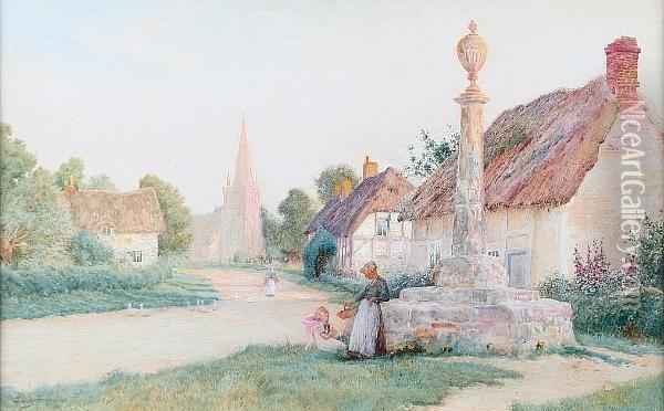 Village Scene With Figures And Ducks Before Thatched Cottages Oil Painting - Arthur Claude Strachan