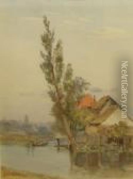 Landscape With Figure And Boat By Buildings Oil Painting - John Jnr. Varley
