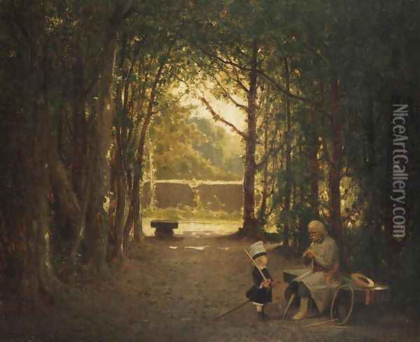 Veteran and Child in a Park Oil Painting - Jozef Szermentowski
