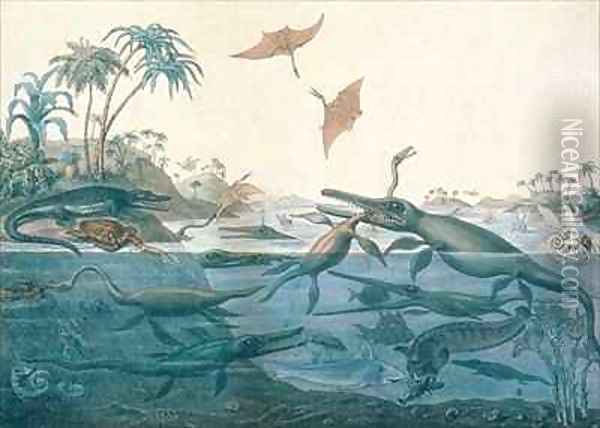 Duria antiquior Ancient Dorset depicting a imaginative reconstruction of the life of the Jurassic seas Oil Painting - De La Beche, Henry Thomas