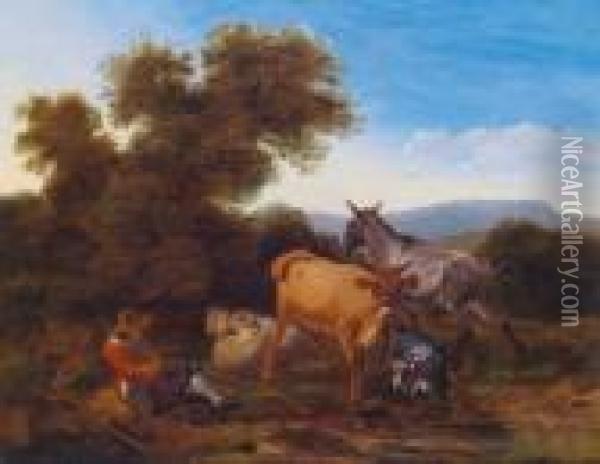 Umkreis Ein Hirte Mit Seinem Vieh In Weiter Landschaft Oil Painting - Nicolaes Berchem