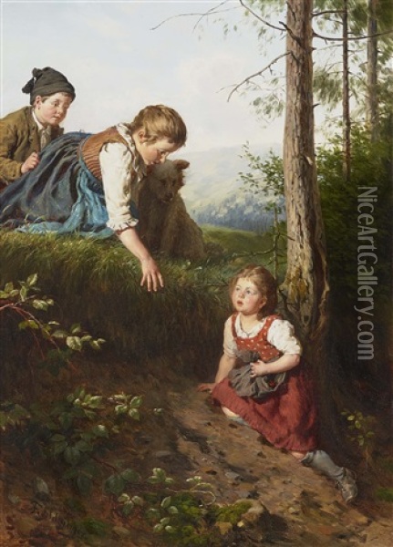 Drei Kinder Beim Beerenpflucken Im Wald Oil Painting - Felix Schlesinger