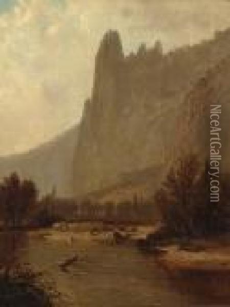 A View Along The Merced River, Yosemite Valley Oil Painting - Harvey Otis Young