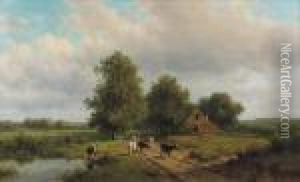 Cows On A Sandy Track In A Wooded Landscape Oil Painting - Willem Vester