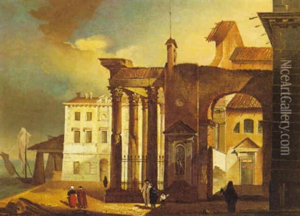 Veduta Ideata Con Le Colonne Di S. Lorenzo Di Milano Oil Painting - Giovanni Migliara