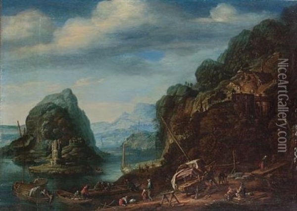 A Rhenish River Landscape With Shipwrights Repairing A Sailing Vessel And Other Figures Boarding Vessels On The Shore, A Rocky Island Beyond Oil Painting - Herman Saftleven