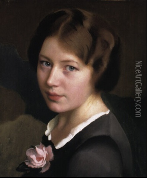 Girl With A Pink Rose Oil Painting - William McGregor Paxton