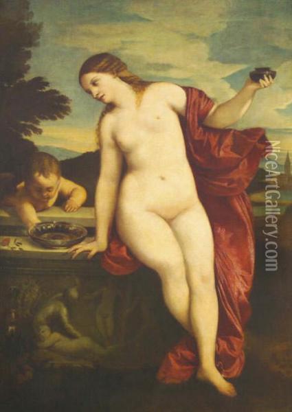 Venus And Cupid, Venus Standing 
On An Ornately Carved Balcony, Cupid Nearby And An Extensive Landscape 
Beyond Oil On Canvas, 118cm By 85cm *contained Within Its Original 
Elaborately Decorated 19th Century Gilt Plaster Frame See Illustration Oil Painting - Tiziano Vecellio (Titian)
