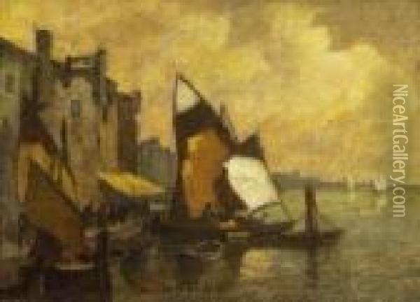 Fischerboote Bei
 Chioggia. Oil Painting - Ludwig Dill