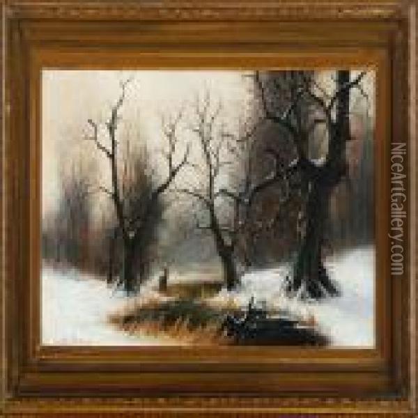 A Winter Forrest With Deer Oil Painting - Nils Hans Christiansen