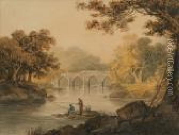 Bridge Withfisherman In The Foreground Oil Painting - William Payne