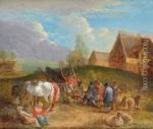 Contadini Al Riposo In Un Paesaggio Con Cavalli E Pecore Oil Painting - Theobald Michau