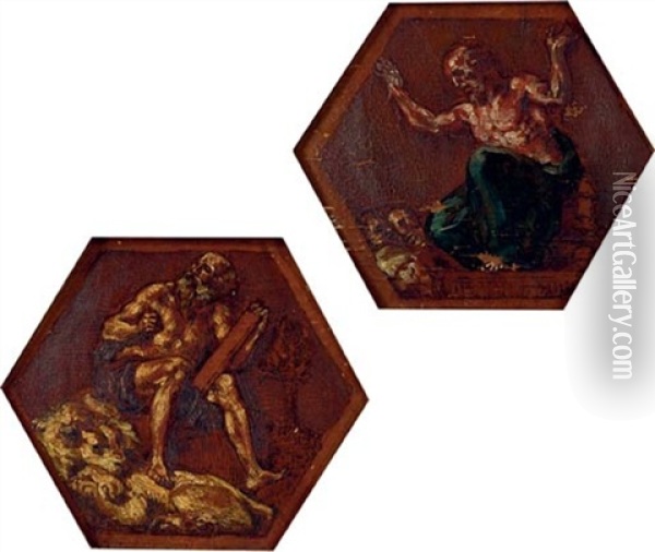 La Theologie: Saint Jerome Ecrivant La Vulgate (+ L'eloquence: Ciceron Haranguant La Foule; Pair) Oil Painting - Eugene Delacroix