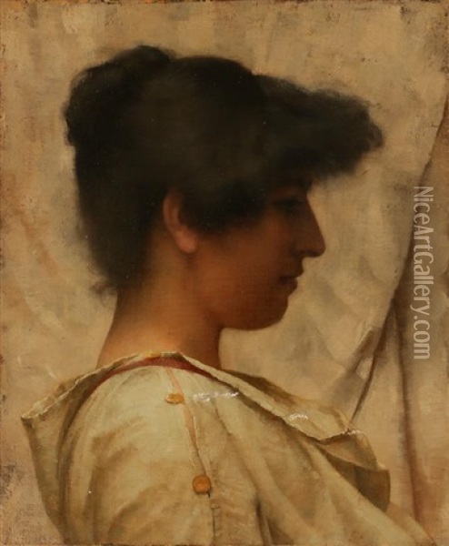 A Head And Shoulders Profile Portrait Of A Young Woman Wearing A White Tunic Style Blouse Oil Painting - John William Godward