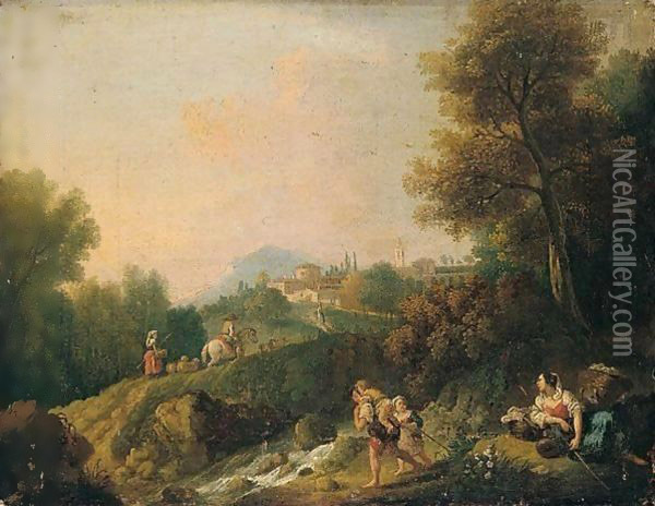 A Pastoral Landscape With Peasants And Herders By A River, A Town Beyond Oil Painting - Giuseppe Zais