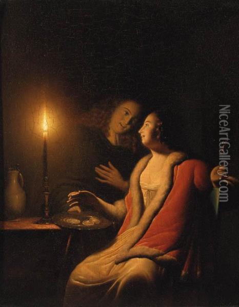 A Gentleman Making Advances On A Lady By Candlelight Oil Painting - Godfried Schalcken