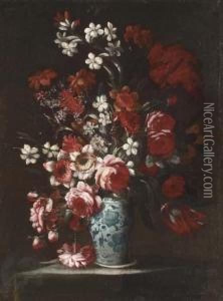 Roses, Peonies, Narcissi And Other Flowers In A Decorated Vase On A Table Oil Painting - Andrea Belvedere