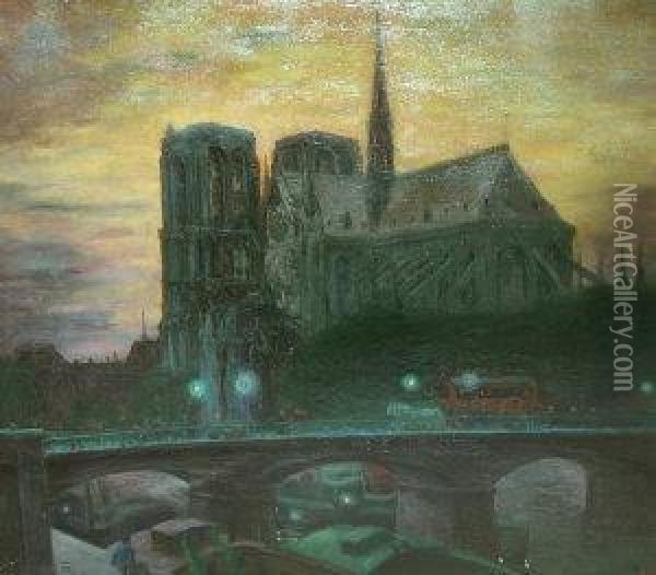 Follower Of Theo Von Brockhusen, German -- Notre Dame By Night Oil Painting - Theo Von Brockhusen
