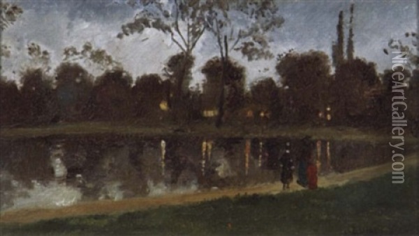 Abendspaziergang Am See (im Bois De Bologne) Oil Painting - Luigi Loir