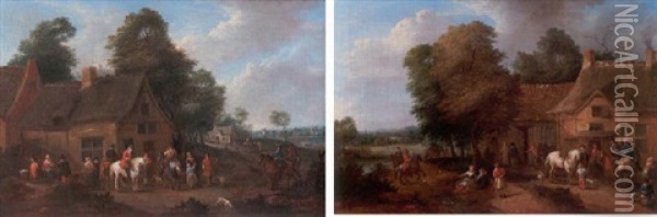 Sportsmen And Other Travellers Halting Near An Inn With A Wooded River Landscape Beyond Oil Painting - Karel Breydel