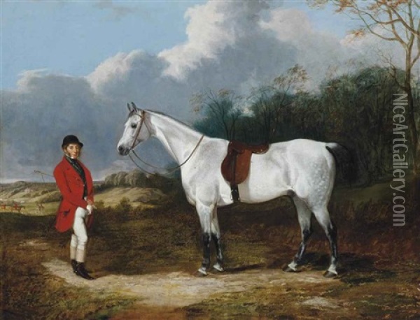 A Gentleman And His Dappled Grey Hunter, In An Extensive Landscape With A Hunt Beyond Oil Painting - James Walsham Baldock