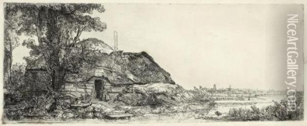 Landscape With A Cottage And A Large Tree (b., Holl. 226; H. 178) Oil Painting - Rembrandt Van Rijn